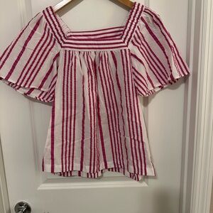 LOFT Pink and White Blouse with Puff Sleeves and Bib Collar